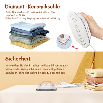 Newbealer Mini Reisebügeleisen mit umschaltbarer Spannung-220V/120V, Kompaktes Bügeleisen für Kleidung (kein Dampf), Keramikfläche, 150 °C Heißpress mit Sprühflasche, Beutel und Silikonständer