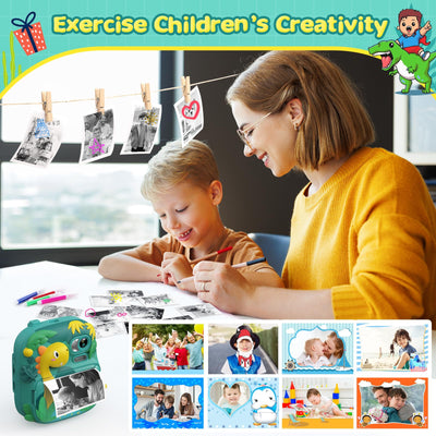 Kinderkamera Sofortbildkamera, CAMCLID 2,4 Zoll Digitalkamera Kinder Dinosaurier Sofortbildkamera mit 32G Karte und 3 Rollen Druckpapier, Geschenke für Jungen und Mädchen 3-12 Jahre