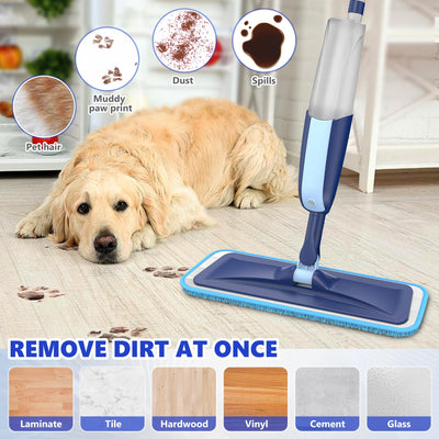 Sprühwischer Bodenwischer mit Sprühfunktion, MANGOTIME Wischer mit Sprühfunktion Spray Mop wischmopp mit wassertank und 4 wischpads für Schnelle Reinigung Hartholz, Marmor, Holz, Laminat, Fliesen