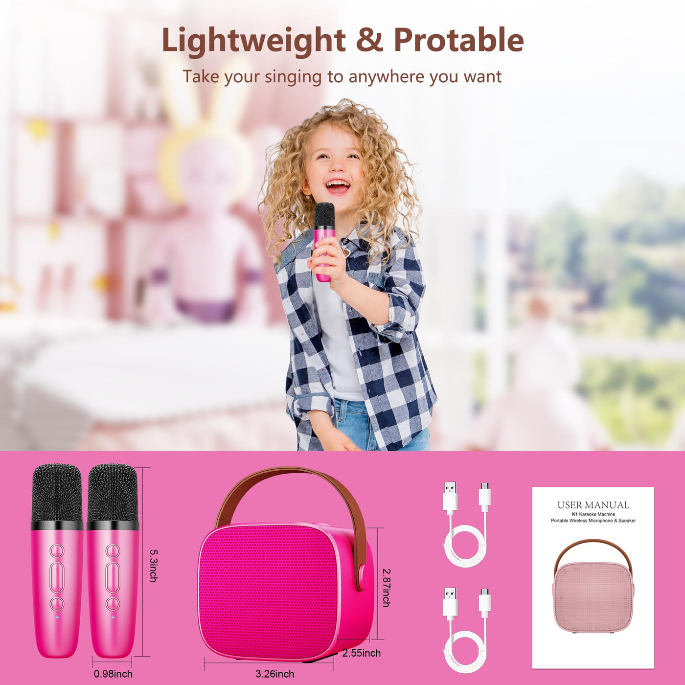 BONAOK Mikrofon Karaoke Spielzeug 2 Mikrofon, Bluetooth Karaokemaschinen für Kinder Erwachsene, Tragbarer Karaoke-Player Mikrofon zum Aufladen, Kinder Elektronisches Spielzeug (Rose)