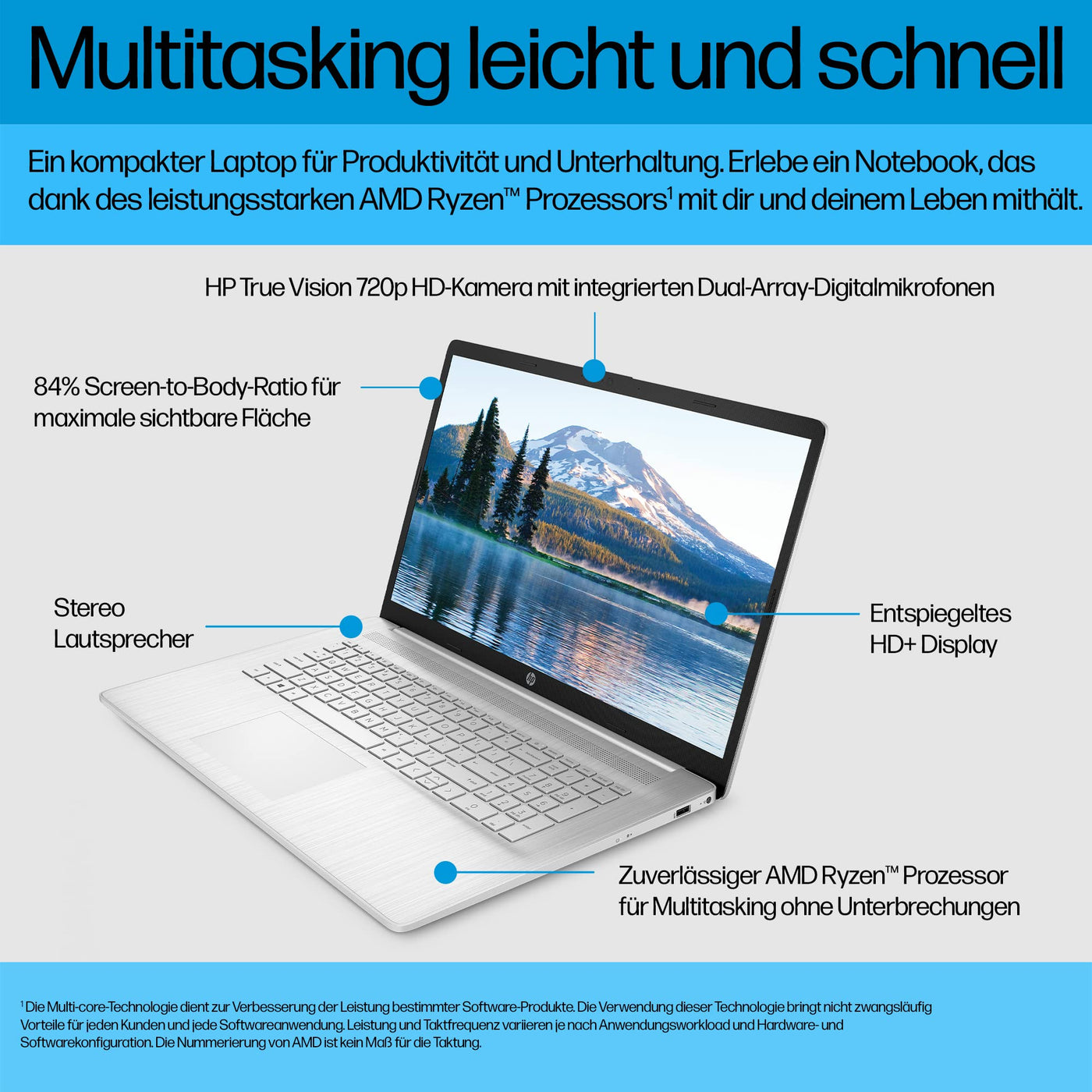 HP Laptop mit 17,3 Zoll (43,9 cm) FHD IPS Display, AMD Ryzen 3 7320U, 8 GB RAM, 256 GB SSD, AMD Radeon-Grafik, Windows 11 Home, QWERTZ Tastatur, HP Fast Charge, Silber