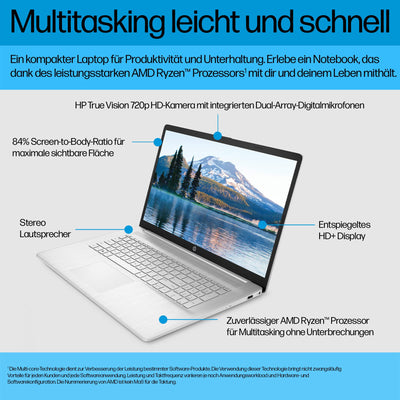 HP Laptop mit 17,3 Zoll (43,9 cm) FHD IPS Display, AMD Ryzen 3 7320U, 8 GB RAM, 256 GB SSD, AMD Radeon-Grafik, Windows 11 Home, QWERTZ Tastatur, HP Fast Charge, Silber