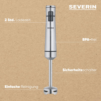 SEVERIN Kabelloser Stabmixer mit Premium-Set, abnehmbarer Mixstab, mit Pürierstab, Multizerkleinerer, Mixbehälter, Kartoffelstampfer & Schneebesen, schwarz/Edelstahl-gebürstet, SM 3775
