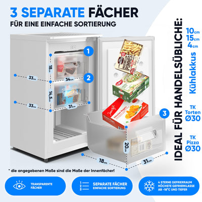 Stillstern Gefrierschrank C (73L) 4-Sterne-Gefrierfach -18°C, geringer Energieverbrauch, 3 Fächer, stufenlos regelbare Temperatur, wechselbarer Türanschlag, Gefrierschrank Klein, Tiefkühlschrank