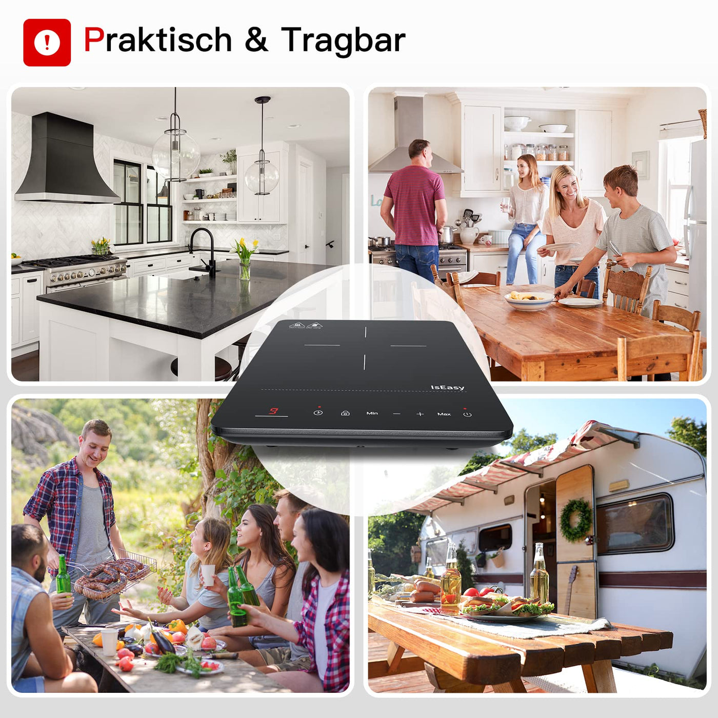 Induktionskochplatte, IsEasy Tragbares Induktionskochfeld 2100W,28cm Induction Hotplates, Kochfelder mit Stecker, 9 Heizstufen, 1-99Min Timer, Touch-Steuerung, Max/Min-Funktion, 220-240V