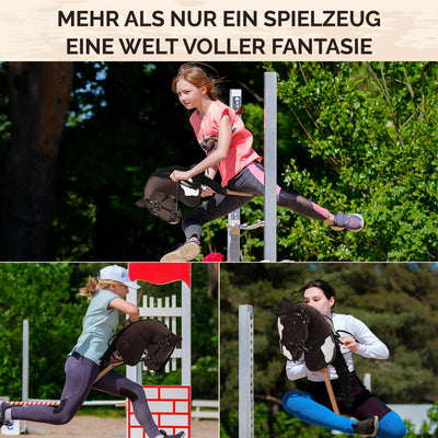 GaloppFreude® Hobby Horse Pferde Braunschecke – Großes A3 Steckenpferd mit Schraubstab & Trense – Hobby Horsing Pferd zum Reiten für Kinder & Stockpferd mit Langer Mähne – Inkl. Hobby Horse Zubehör