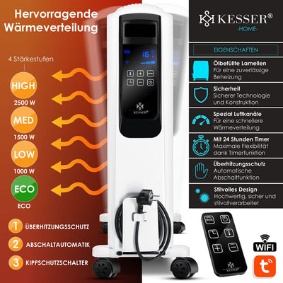 KESSER® 2500W Ölradiator mit WiFi App & Fernbedienung digitalem Display- elektrischer energiesparender Heizkörper mit 10 Rippen, Timer Zeitschaltuhr, 4 Heizstufen, Thermostat, Weiß