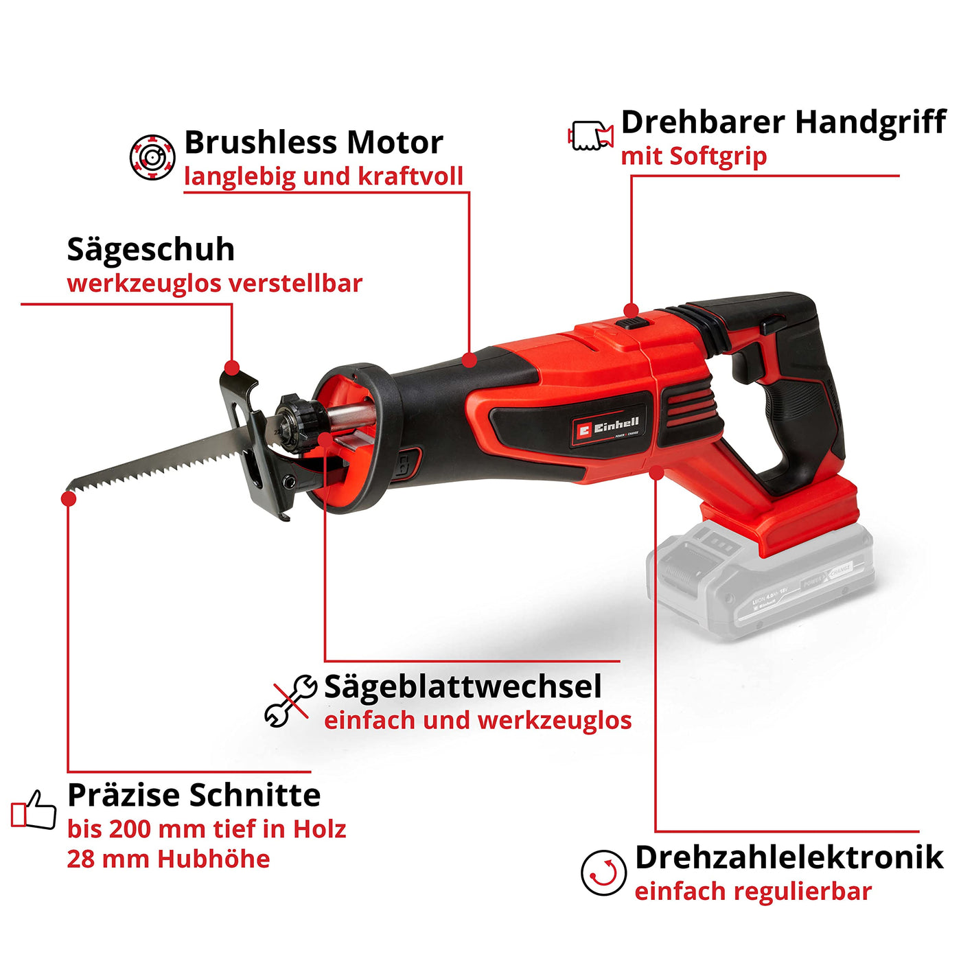 Einhell Professional Akku-Universalsäge TP-AP 18/28 Li BL-Solo Power X-Change (18 V, Brushless, 28 mm Hubhöhe, 2.500 min-1, 20 cm Schnitttiefe Holz, drehbarer Griff, ohne Akku)