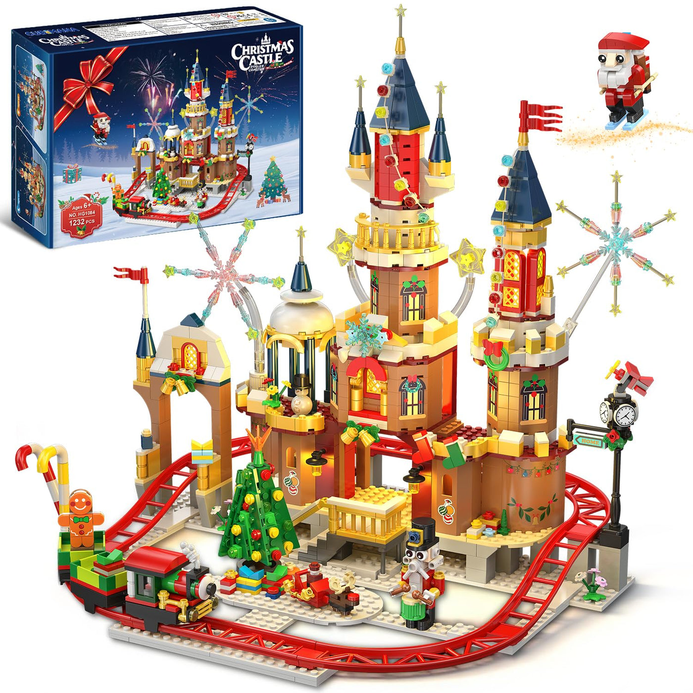 CUBIMANA Weihnachtsschloss-Achterbahn-Bausatz mit Lichtern – 2025 Schlossdorf-Achterbahn-Bausteine Haus Weihnachtsbaum Zug Weihnachtsmann-Spielset Geschenk Erwachsene Kinder Jungen Mädchen(1232Teile)