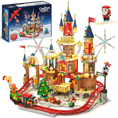CUBIMANA Weihnachtsschloss-Achterbahn-Bausatz mit Lichtern – 2025 Schlossdorf-Achterbahn-Bausteine Haus Weihnachtsbaum Zug Weihnachtsmann-Spielset Geschenk Erwachsene Kinder Jungen Mädchen(1232Teile)