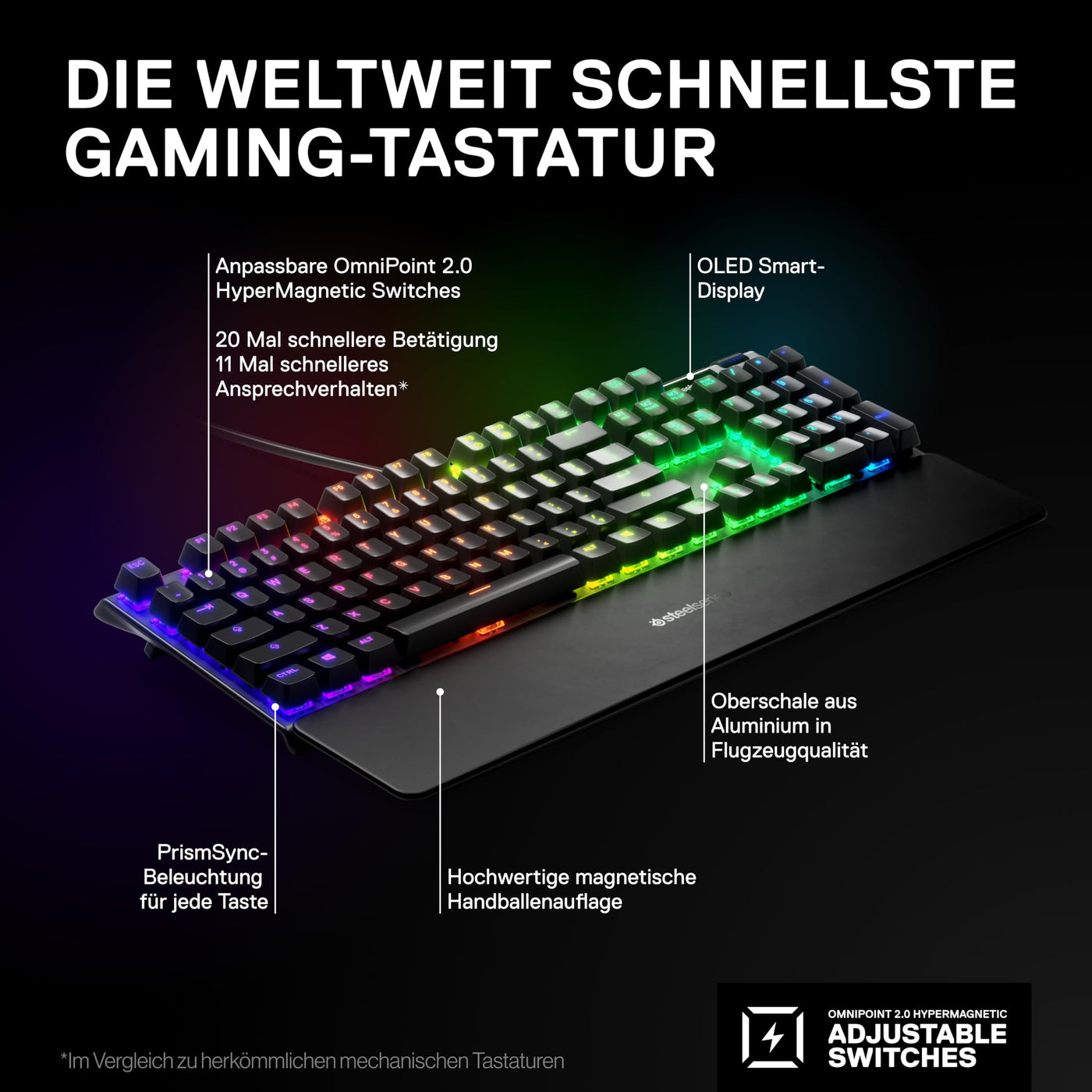 SteelSeries Apex Pro HyperMagnetic Gaming-Tastatur – Die schnellste Tastatur der Welt – Anpassbares Ansprechverhalten – OLED-Bildschirm – RGB – USB-Passthrough – Deutsches Tastatur (QWERTZ)