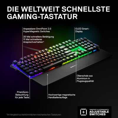 SteelSeries Apex Pro HyperMagnetic Gaming-Tastatur – Die schnellste Tastatur der Welt – Anpassbares Ansprechverhalten – OLED-Bildschirm – RGB – USB-Passthrough – Deutsches Tastatur (QWERTZ)
