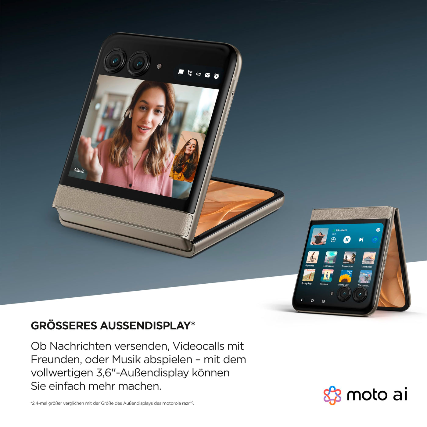Motorola razr50 (Flip-Phone, 6,9"/3,6"-FHD+-Display, 50-MP-Kamera, 8/256 GB, 4200 mAh, Android 14) Beach Sand, inkl. Premium-Schutzcover [Exklusiv bei Amazon]