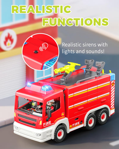 Coroiesty Feuerwehrauto Spielzeug ab 4 Jahre, Große Feuerwehrwagen mit 2 Feuerwehrleuten & Werkzeug, Licht & Sirene, pädagogisches Rettungsfahrzeug für Kinder Jungen Mädchen
