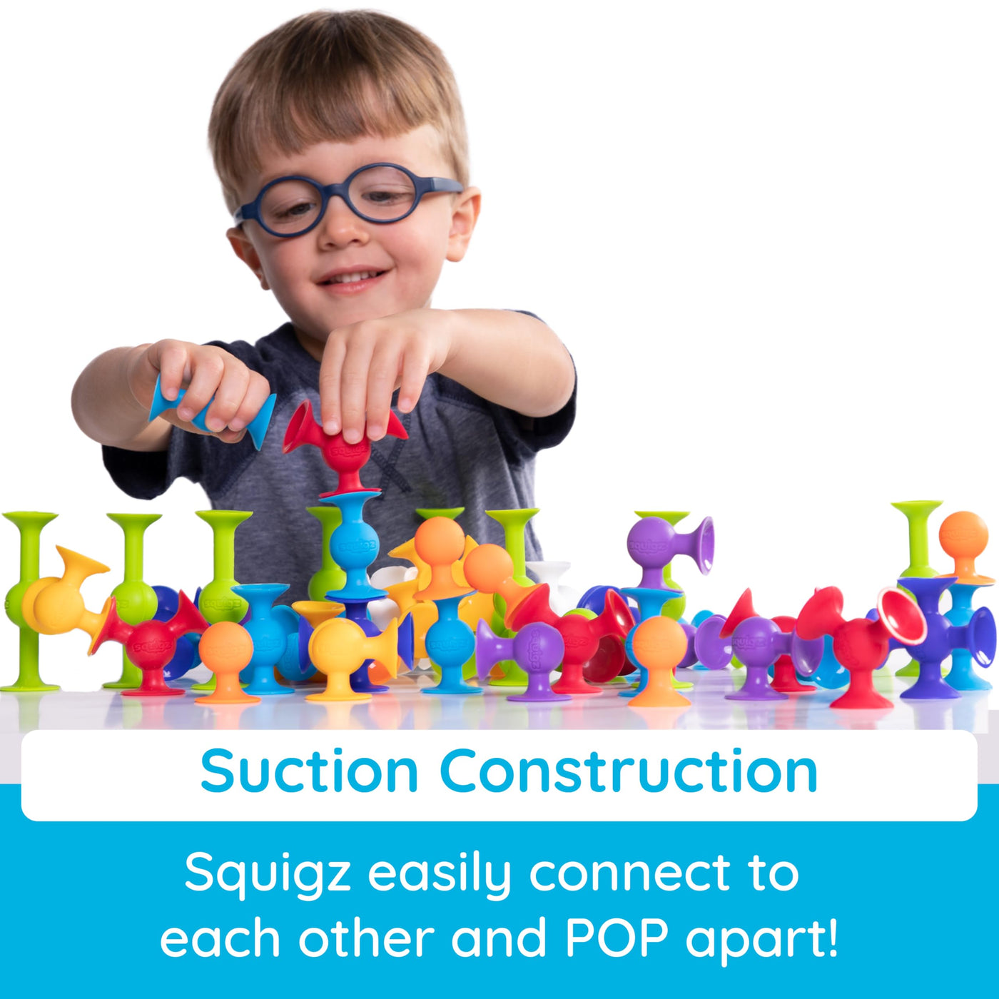 Fat Brain Squigz Starter 22-teiliges Set, Vorschulspielzeug für Kinder, Saugspielzeug-Set, Sortier- und Stapelspielzeug, Vorschul-Badespielzeug, innovatives Spielzeug für Kinder ab 3 Jahren und älter.