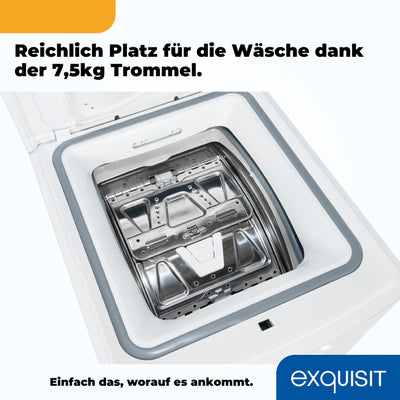 Exquisit Toplader Waschmaschine, 7,5kg Füllmenge, Waschmaschine schmal, Energieklasse A, 1200 U/Min, Startzeitvorwahl, Kurzprogramm, LTO51207-030A weiss