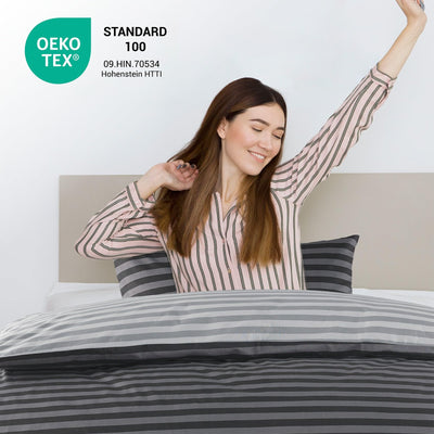 MALIKA Bettwäsche 135x200 Baumwolle, 2-teiliges Set, Streifenmuster, Wende Bettbezug 135 x 200 cm, Kissenbezug 80x80 cm, Renforcé, atmungsaktiv, maschinenwaschbar, Grau