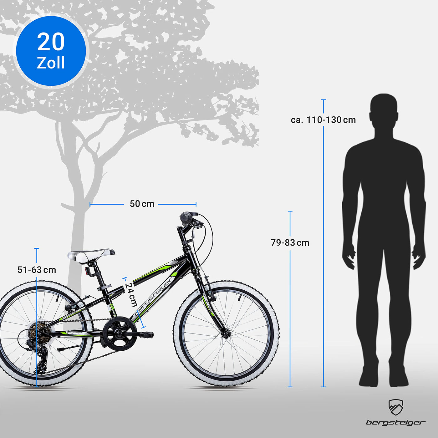 Bergsteiger Kansas 20, 24 Zoll Kinderfahrrad, geeignet für 6, 7, 8, 9, 10, 11 Jahre, Shimano 6 Gang-Schaltung, Mountainbike mit Weißwandbereifung, Jungen-Fahrrad, Mädchen-Fahrrad