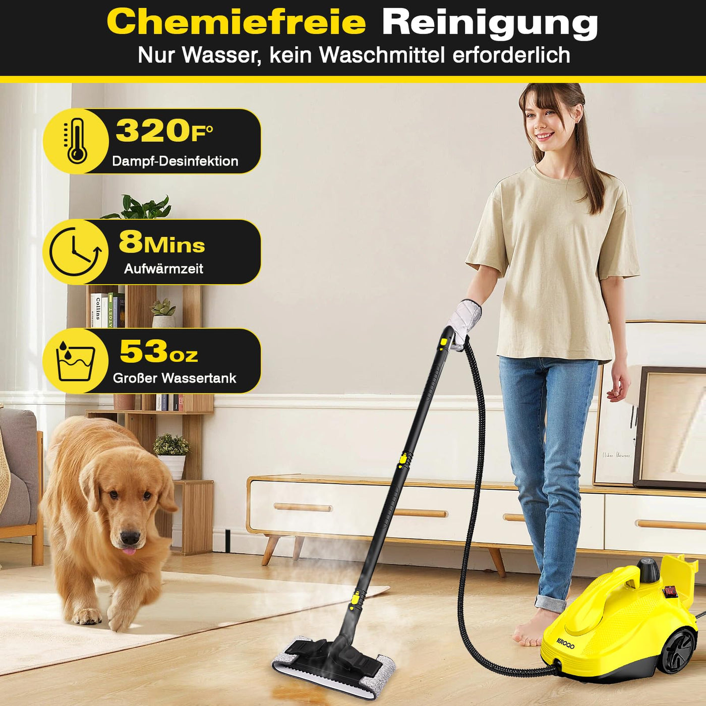 KROQO Dampfreiniger,Mehrzweck-Dampfreiniger Handgerät,Dampfreiniger für alles mit 23-Zubehörteilen,Entfernen von Tapeten,Boden,Teppich,Sofa,Polstermöbel,Auto,Fliesen,Polster,Bad- 1.5L Steam Cleaner