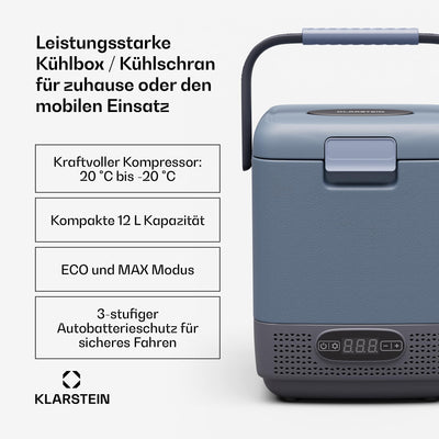 Klarstein SwiftFrost 12L Kompressor Kühlbox mit Gefrierfach – tragbare elektrische Kühlbox, LED-Anzeige, Dual Power (12 V/230 V), –20 °C bis 20 °C, ECO- und MAX-Modus, ideal für Camping und Auto