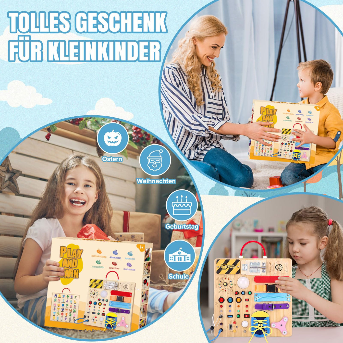 23 in 1 Busy Board Montessori Spielzeug ab 1 jahr Activity Board Spielzeug ab 2 3 jahre Holzspielzeug Sensory Spielzeug mit 15 Schalter,26 LED-Leuchten,Spieluhr,Schloss,Reißverschluss,Schnürsenkeln
