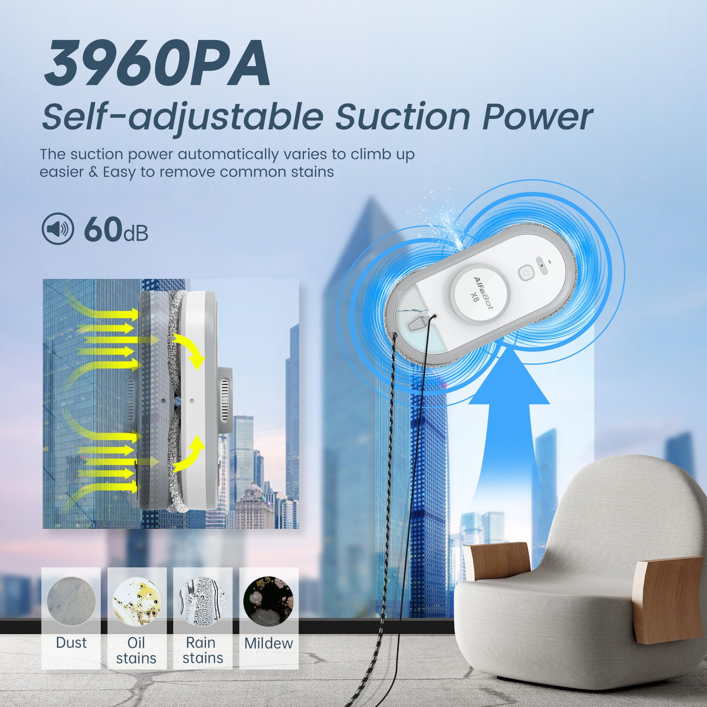 AlfaBot X8 Fensterputzroboter, Elektrischer fensterroboter Window Cleaner Robot, Automatischer Wassersprüher, 50ml Wassertank