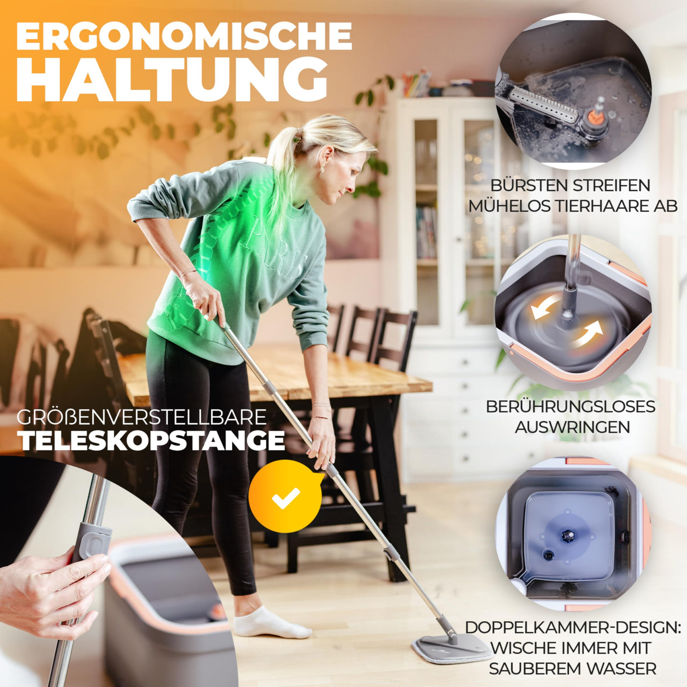 ALANBERG® Wischmopp Set mit Eimer – 2-Kammer-System für Schmutz- & Frischwassertrennung – Selbstauswringend, Mikrofaser Wischpads – Bodenwischer für alle Böden, Grau