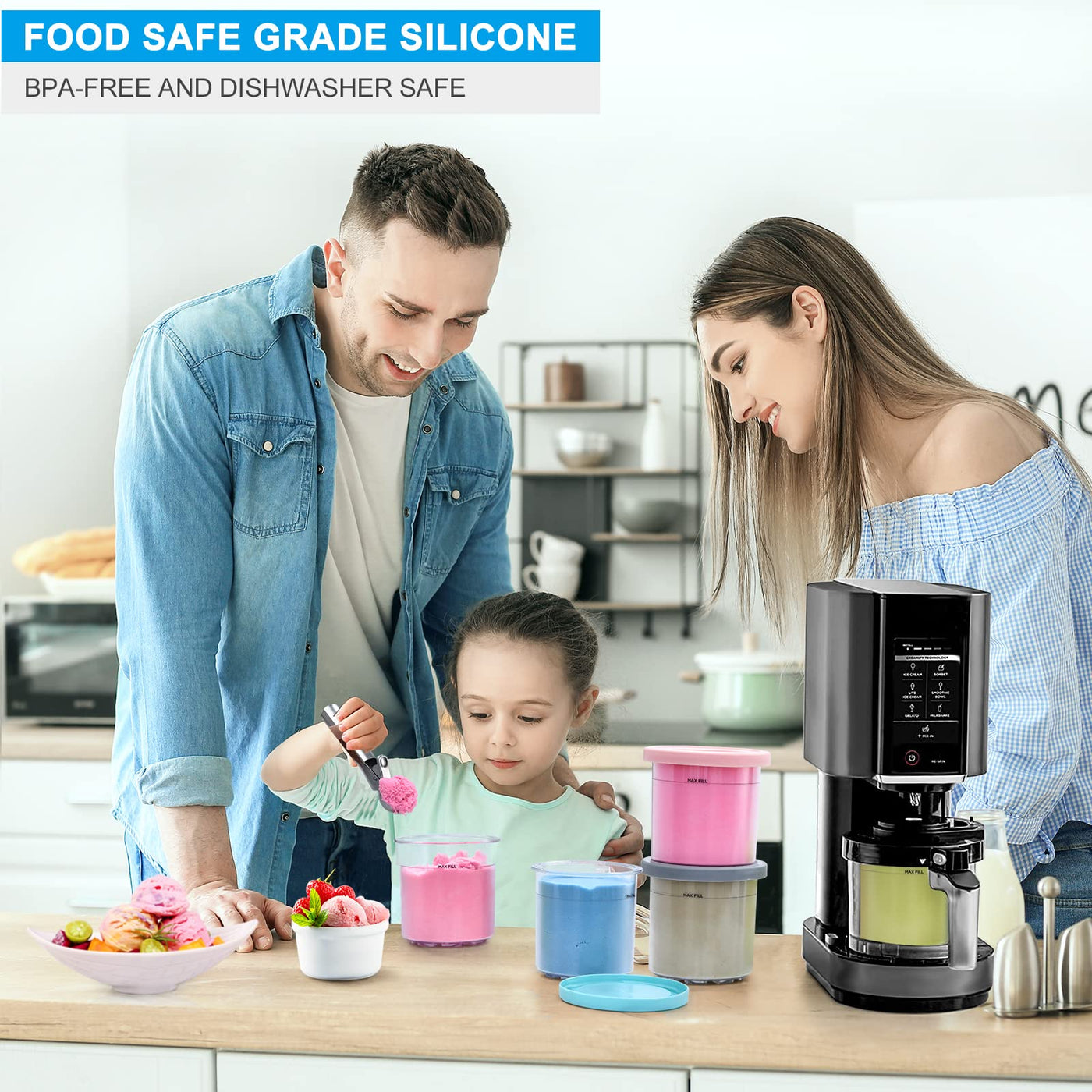 GoMaihe 4er-Set Creami Behälter für die Ninja Creami Eismaschine - Tubs Zubehör für NC301 NC300 NC299AMZ-Serie, BPA-frei, spülmaschinenfest, auslaufsicher - in Rosa, Grün, Grau und Blau