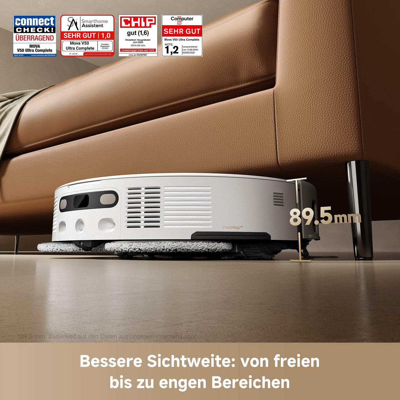 Mova V50 Ultra Complete Saugroboter mit Wischfunktion 24.000 Pa, 6cm Hindernisüberwindung, Liftable Navigation+RGB AI+LED, 80℃ Heißwasserwäsche & 63℃ Selbsttrocknung, DuoSolution System, Tricut Bürste