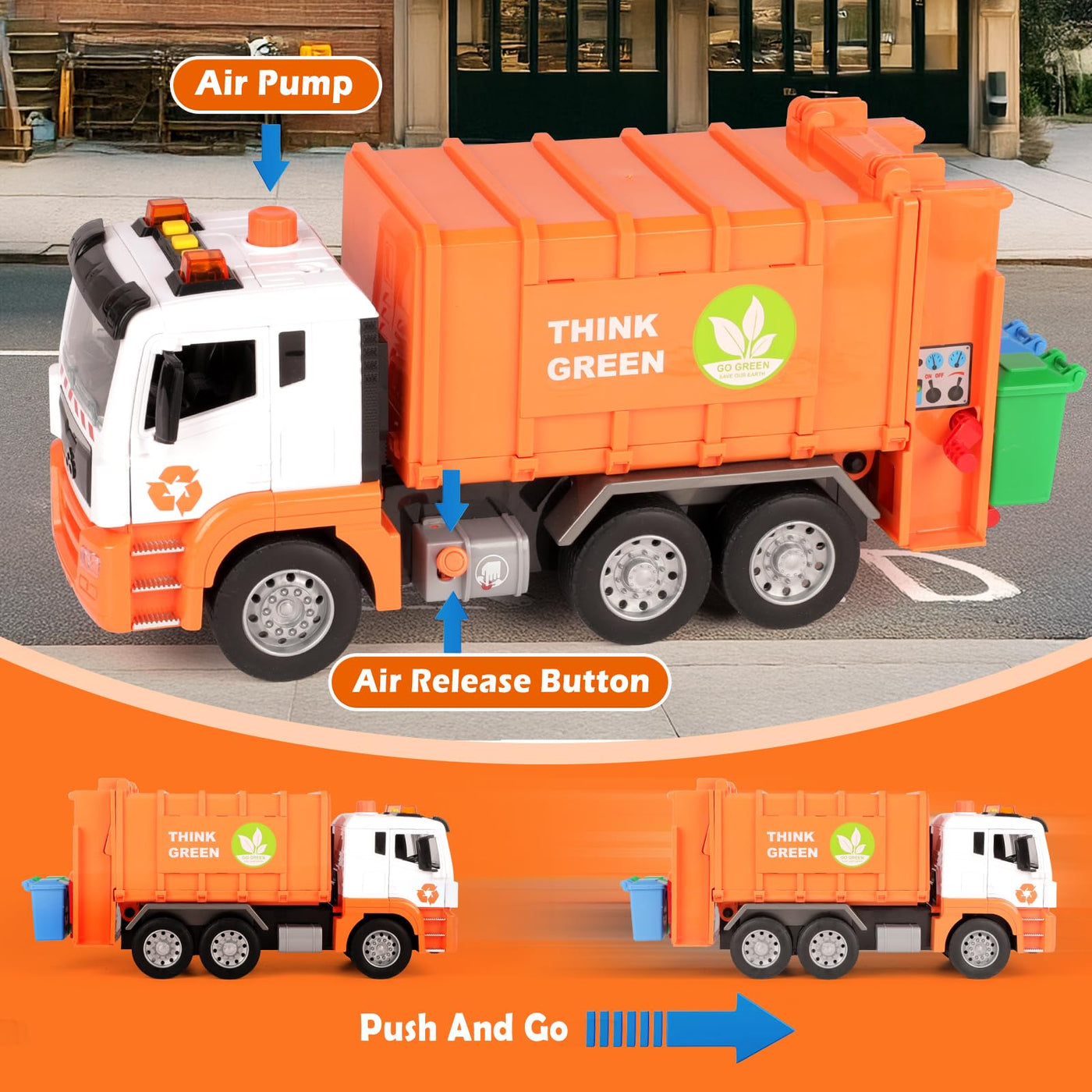 BunnyJOY Müllauto Spielzeug ab 3 4 5 6 Jahre Junge, Große Müllwagen Spielzeug mit Mülltonnen, Spielzeugautos Fahrzeuge, Geschenk Lernspielzeug für Kinder, Orange