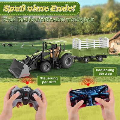 JONRRYIN Ferngesteuerter Traktor, 16 Stück Traktor mit Anhänger, 2.4 GHz Fernbedienung & App 2X Wiederaufladbare Batterien, 3X Fahrzeugfront, Kuh, Heuhaufen Bauernhof Spielzeug ab 4 5 6 7 8 9 Jahre