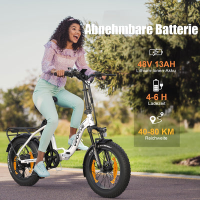 Vipdrive Klapprad E-Bike 20 Zoll, Elektrofahrrad mit 48v13ah Akku, 25km/H, Reichweite bis zu 80km, E Bike mit 7-Gang,LCD-Display, Elektrofahrrad für Herren Damen (Weiß【624Wh 13AH 65Nm】)