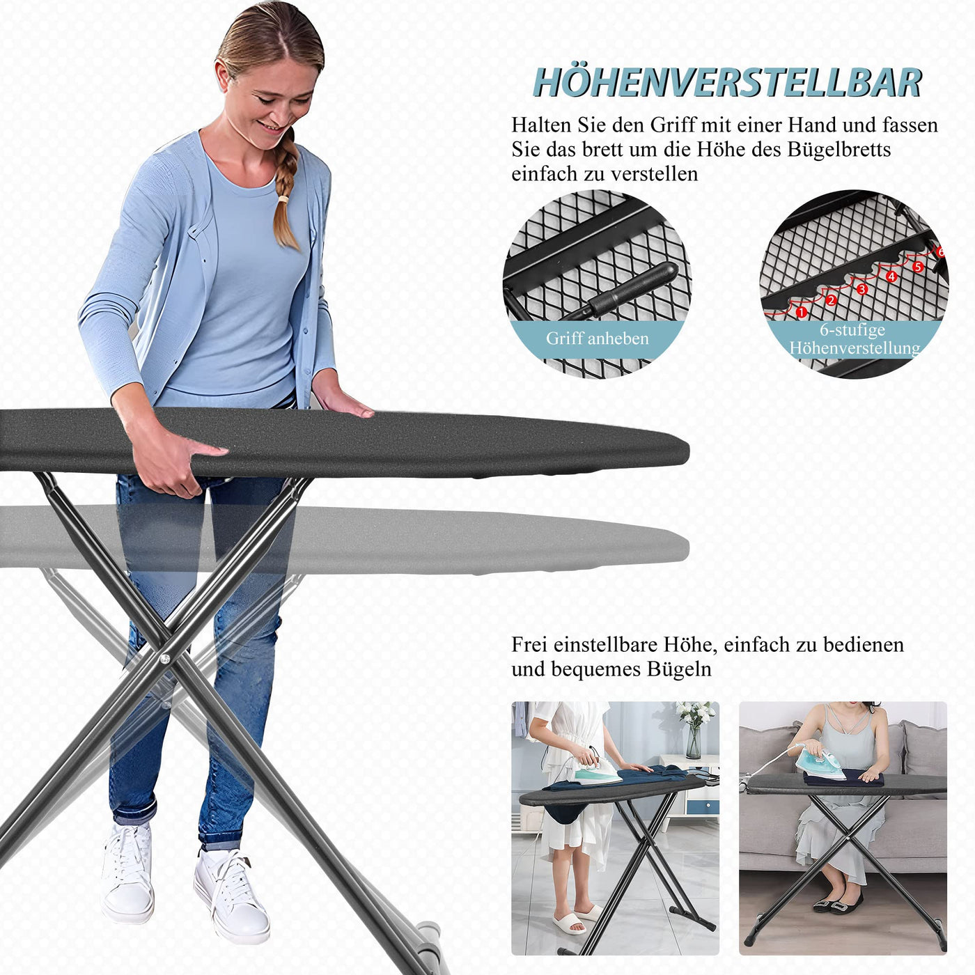 IBVIVIC Bügelbrett Comfortboard, Bügelfläche 122 x 38 cm, höhenverstellbar, platzsparend klappbar, Für meisten Dampfbügelstationen geeignet ist, Schwarz