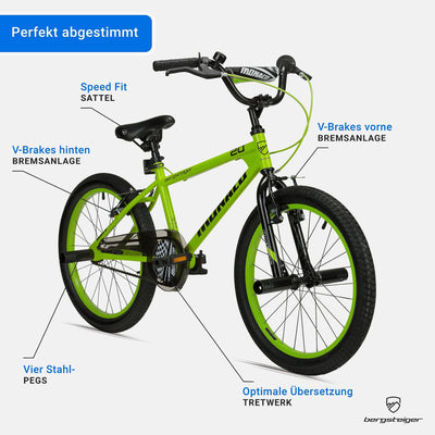 Bergsteiger Monaco 20 Zoll BMX, Kinderfahrrad, geeignet für 6, 7, 8, 9 Jahre, Freestyle, 4 Stahl Pegs, Kettenschutz, Freilauf