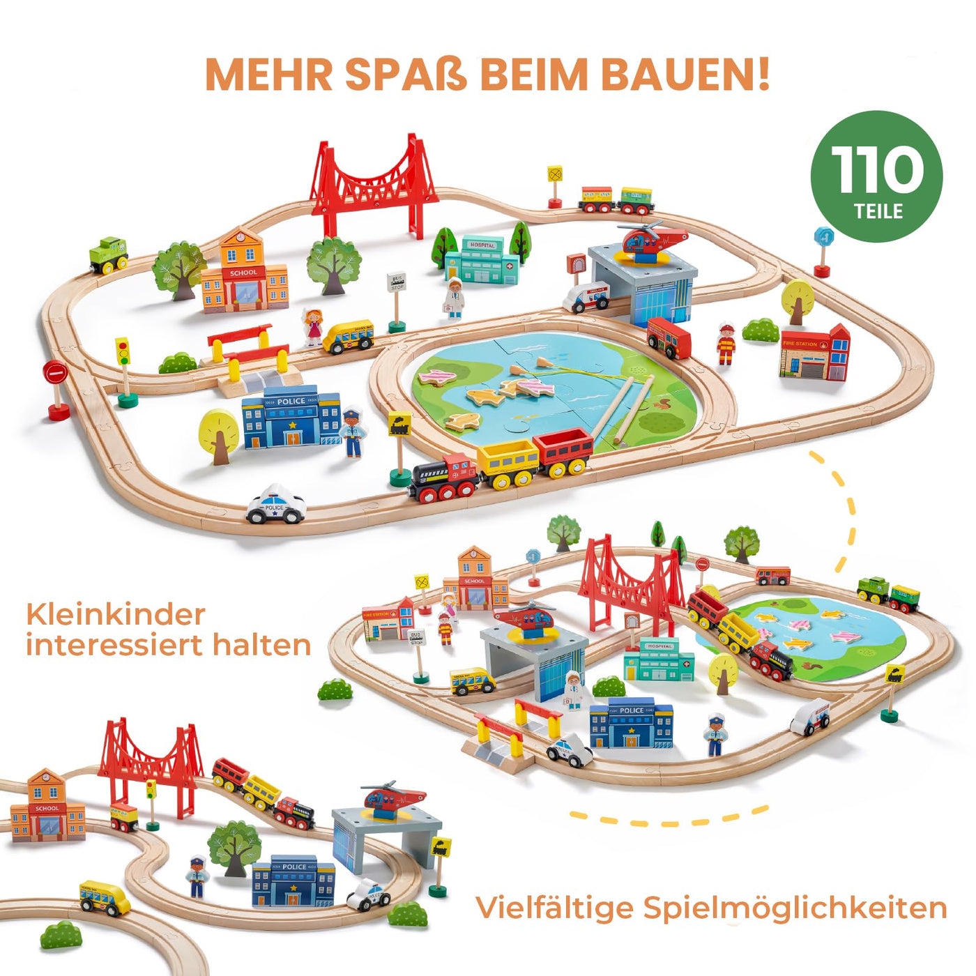 Tiny Land Eisenbahn-Set, 110-teiliges Holzeisenbahn-Set, Spielzeugeisenbahn für Jungen und Mädchen mit Holzeisenbahnschienen, Holzspielzeug für Kleinkinder und Kinder im Alter von 3–7 Jahren, Eisenbah