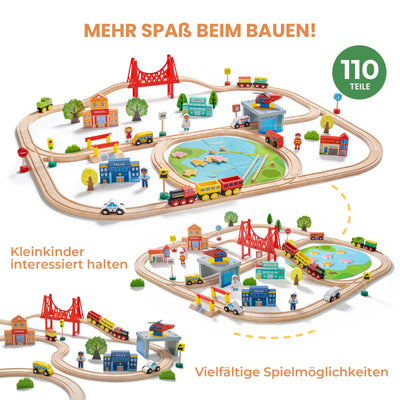 Tiny Land Eisenbahn-Set, 110-teiliges Holzeisenbahn-Set, Spielzeugeisenbahn für Jungen und Mädchen mit Holzeisenbahnschienen, Holzspielzeug für Kleinkinder und Kinder im Alter von 3–7 Jahren, Eisenbah