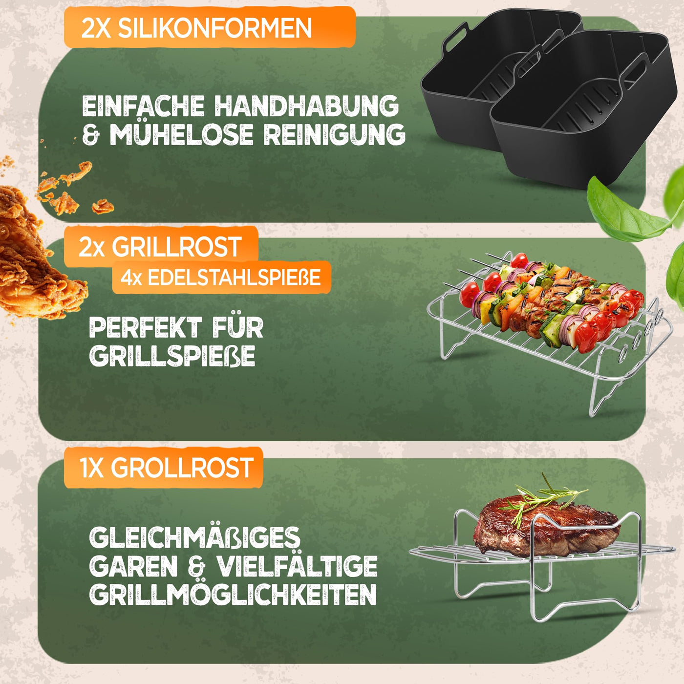 KNUSPERLIEBE® Ninja Heißluftfritteuse Zubehör Set XL Airfryer XL für Foodi AF400EU AF300EU Double Stack 7,6L-9.5L und Dual Zone Air Fryer, BPA-Frei | Air Fryer Accessories
