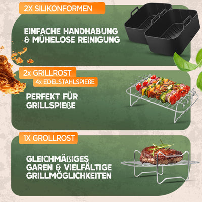 KNUSPERLIEBE® Ninja Heißluftfritteuse Zubehör Set XL Airfryer XL für Foodi AF400EU AF300EU Double Stack 7,6L-9.5L und Dual Zone Air Fryer, BPA-Frei | Air Fryer Accessories