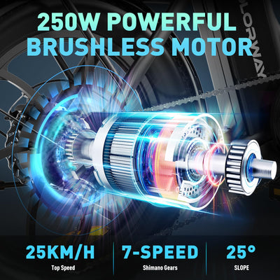 COLORWAY EBike, 20 Zoll Fat Reifen Klapp Elektrofahrrad, 250W Motor, 36V/15AH Batterie, Citybike, maximalen Reichweite von 45-100 Kilometern，7-Gang, mit Gepäckträgertasche., mit Scheibenbremsen.