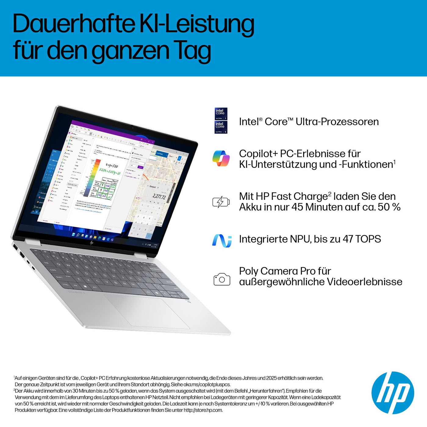 HP OmniBook X Flip 2in1 Next Gen AI Laptop | Intel Core Ultra 7 256V | dedizierte NPU für KI | 47 NPU Tops | Copilot+ PC | 14" 3K 2880x1800 OLED Touchscreen | 16GB | 1TB SSD | Win11 | QWERTZ | Silber