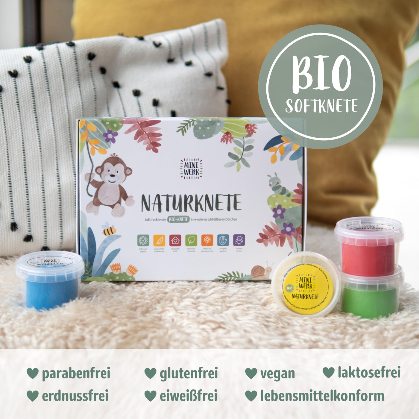 Miniwerk Bio Knete Set Kinder 4x 100gr., Geschenk Mädchen & Jungen 4 5 Jahre – Knete ab 2 Jahre ungiftig und vegan – Schultüte Füllung & Kindergeburtstag (Rot, Blau, Grün, Gelb), Softknete