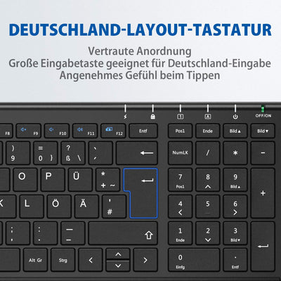 iClever Kabellose Tastatur, wiederaufladbare 2,4 GHz Funk Tastatur, Deutsches QWERTZ Layout, für Computer/Desktop/PC/Laptop/Chrome OS und Windows 10/8/7, Schwarz