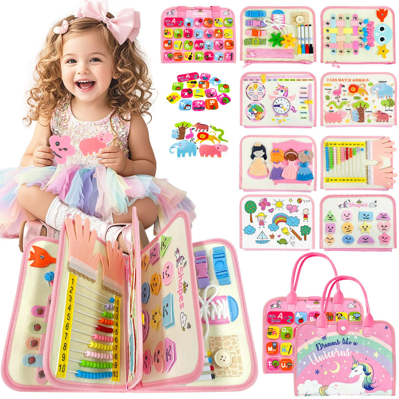 Sumtoco Busy Board, Montessori Spielzeug 2 Jahre, 9 In 1 Montessori Activity Board, Busy Board Ab 1 2 Jahr, Kinderspielzeug Ab 1 Jahr, Geschenk Für Spielzeug Ab 1 2 3 4 Mädchen, Quiet Book