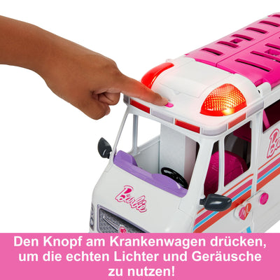 Barbie 2-in-1-Krankenwagen Spielset, Rettungswagen mit Lichtern und Geräuschen, umwandelbar in Pflegeklinik, 20 Puppenzubehör, Spielzeug ab 3 Jahren, HKT79
