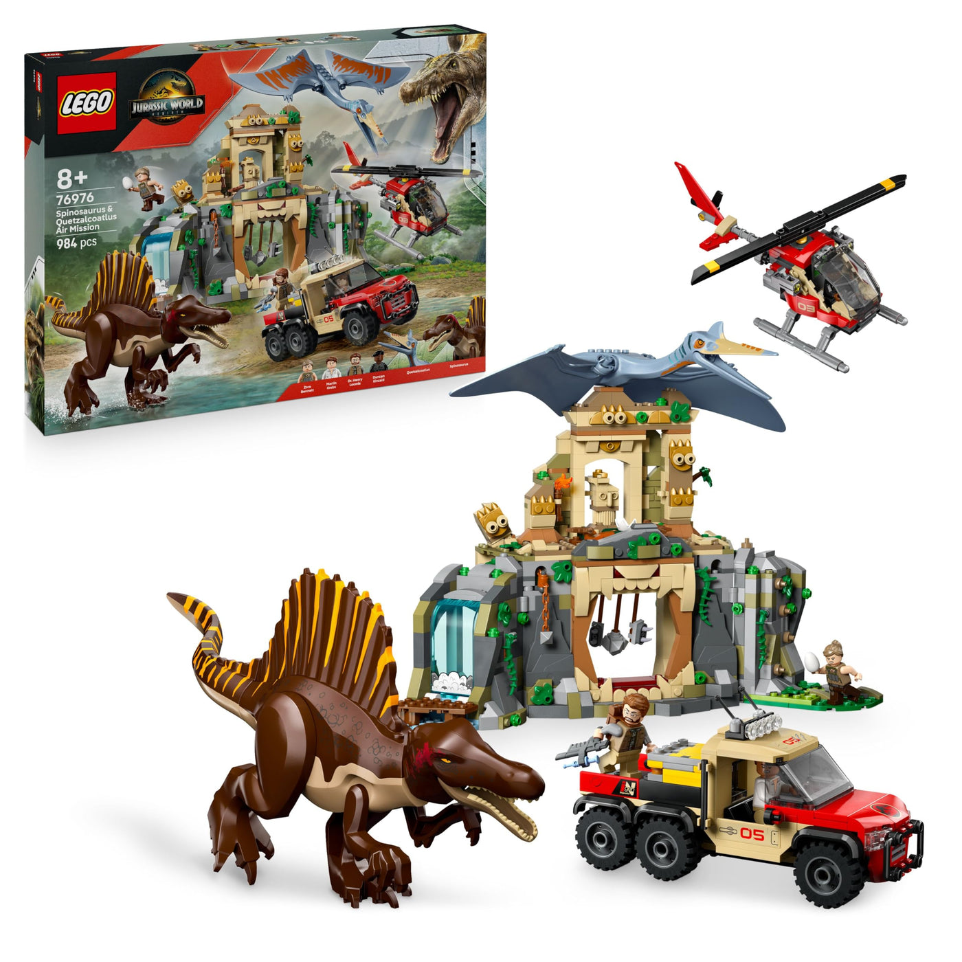 LEGO Jurassic World Spinosaurier & Quetzalcoatlus: Hubschrauber-Einsatz – 2 Spielzeug-Dinosaurier, Hubschrauber, LKW und 4 Minifiguren – Geschenk für Jungen und Mädchen ab 8 Jahren – 76976