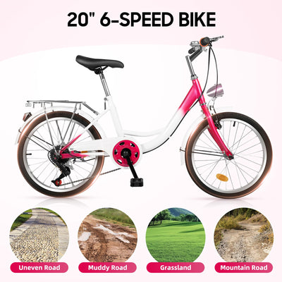 XUEMANSHOP Kinderfahrrad, 20 Zoll Fahrrad mädchen, 6-Gang-schaltung Fahrrad Damen mit Scheinwerfer, Belastbarkeit Max 90kg für 6,7, 8, 9, 10 Jahr