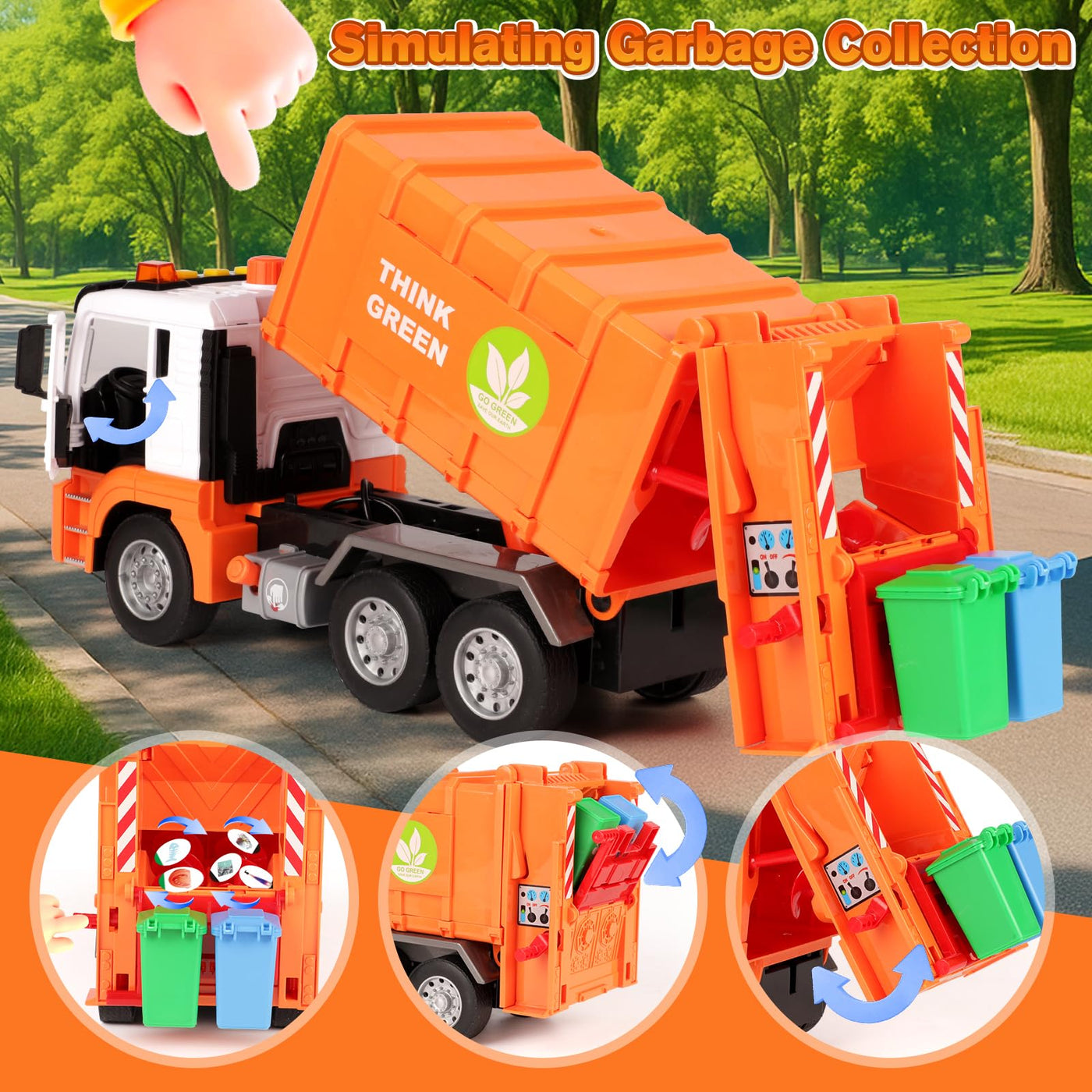 BunnyJOY Müllauto Spielzeug ab 3 4 5 6 Jahre Junge, Große Müllwagen Spielzeug mit Mülltonnen, Spielzeugautos Fahrzeuge, Geschenk Lernspielzeug für Kinder, Orange