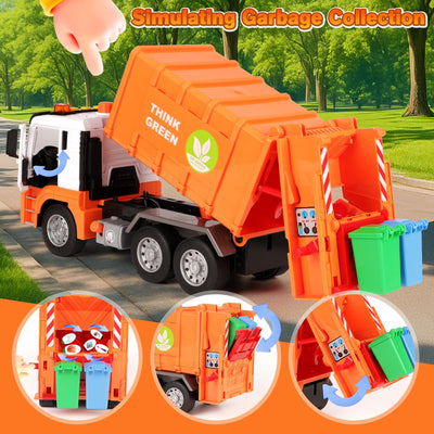 BunnyJOY Müllauto Spielzeug ab 3 4 5 6 Jahre Junge, Große Müllwagen Spielzeug mit Mülltonnen, Spielzeugautos Fahrzeuge, Geschenk Lernspielzeug für Kinder, Orange