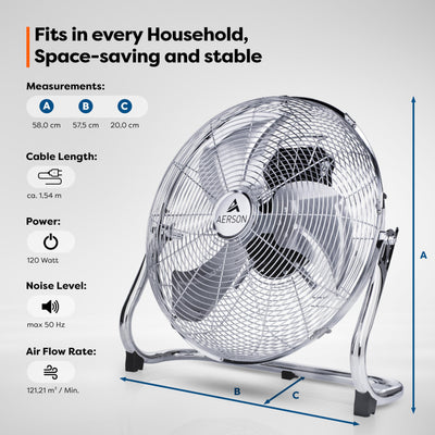 TRESKO AERSON Bodenventilator 50cm | Windmaschine mit 3-Leistungsstufen 120W | Standventilator | hoher Luftdurchsatz | robuste Metallausführung | Neigungswinkel ca. 110 Grad