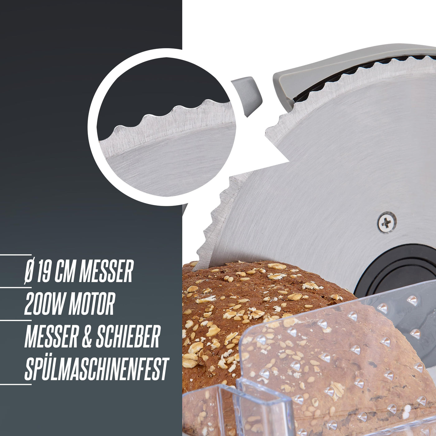 HEINRICHS Metall-Allesschneider, elektrische Brotschneidemaschine, Wurstschneidemaschine, Edelstahl-Rundmesser(Ø19cm), stufenlose Schnittstärkeneinstellung, integr. Sicherheitssperre,200W Heinrich´s